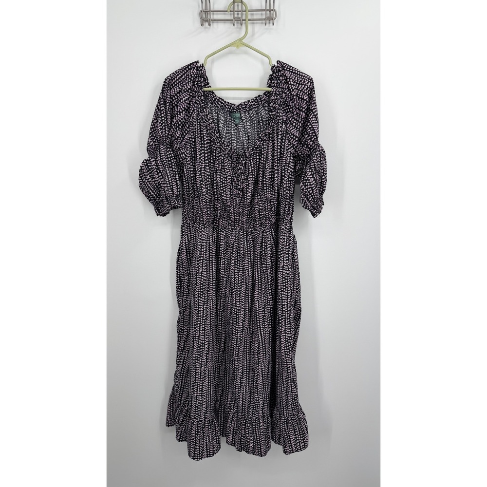 Terra & Sky Midi Dress Womens 1X Purple Black Dot Smocked Cotton Ruffle Hem